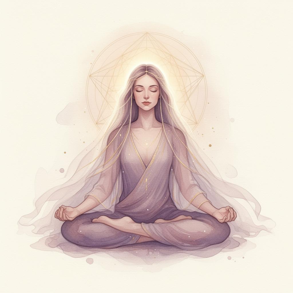 Cacciana Marins — Terapeuta Energética em meditação, ilustração etérea em aquarela com tons lavanda e dourado